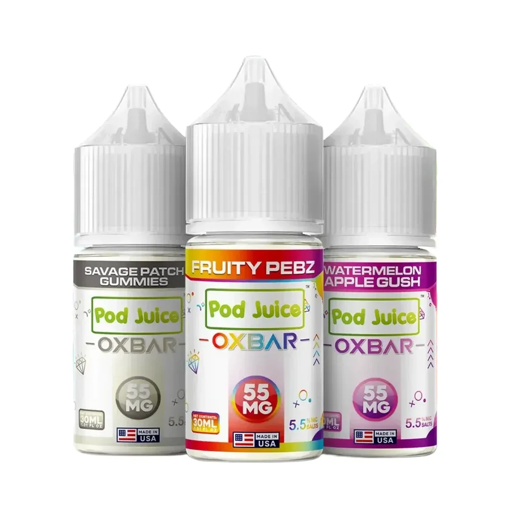 fruity vape juice OXBAR x Pod Juice Salt E-Liquid Series bottle and device pairing